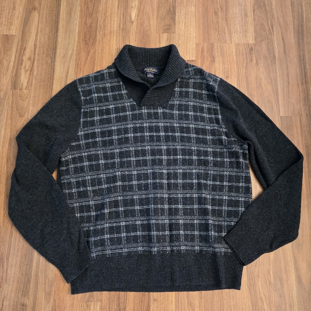 Brooks Brothers SZ LARGE soft Saxxon wool sweater high collar neck grey plaid